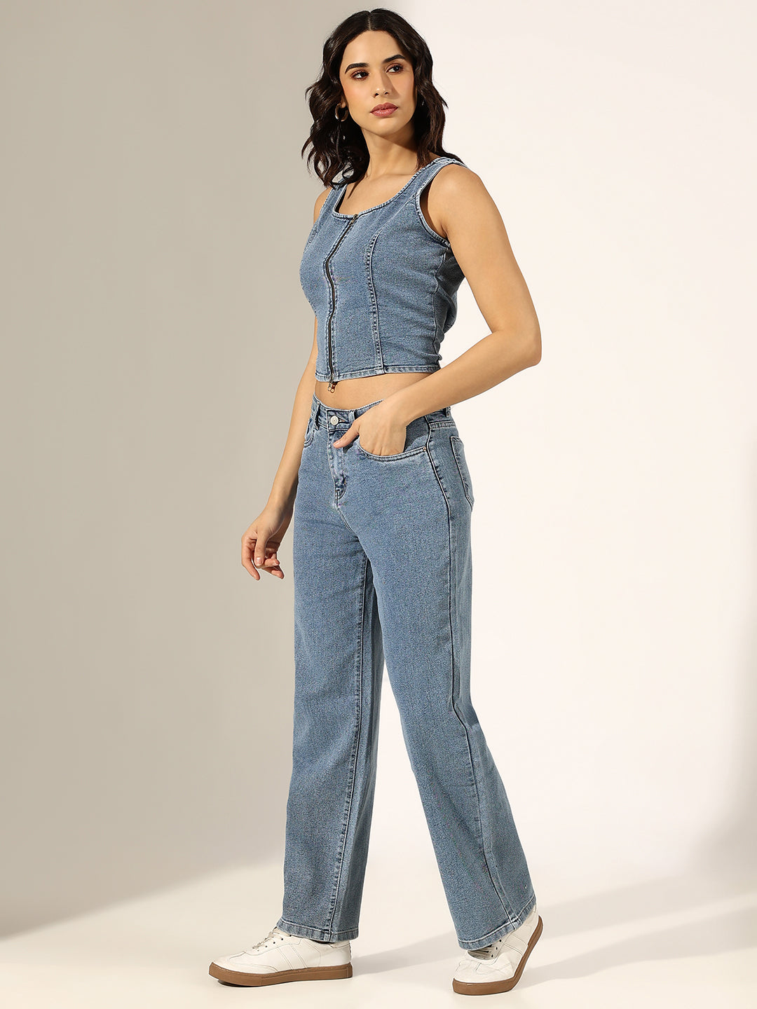 Women's Blue Denim Zip-Front Top & Jeans Co-Ord Set