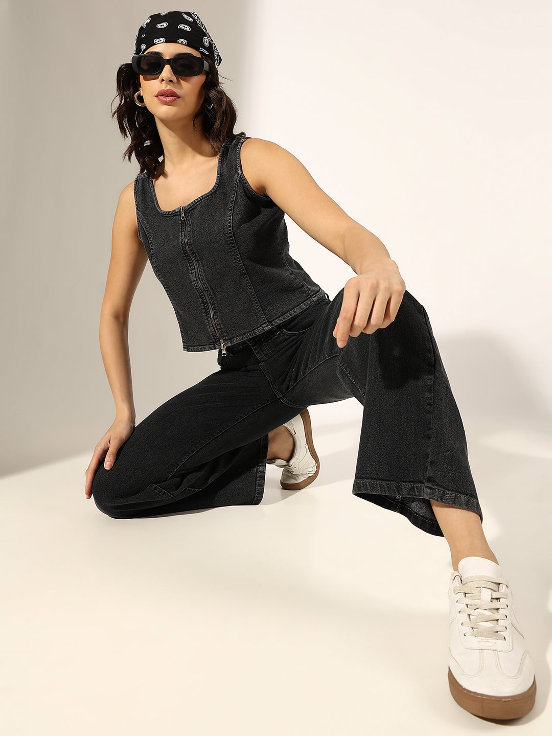 Women's Charcoal Denim Zip-Front Top & Jeans Co-Ord Set