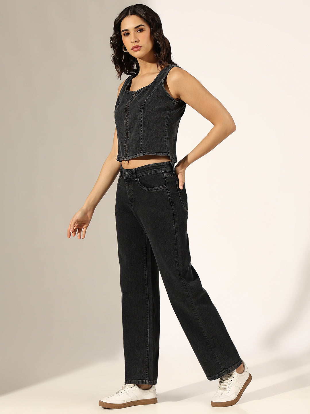 Women's Charcoal Denim Zip-Front Top & Jeans Co-Ord Set