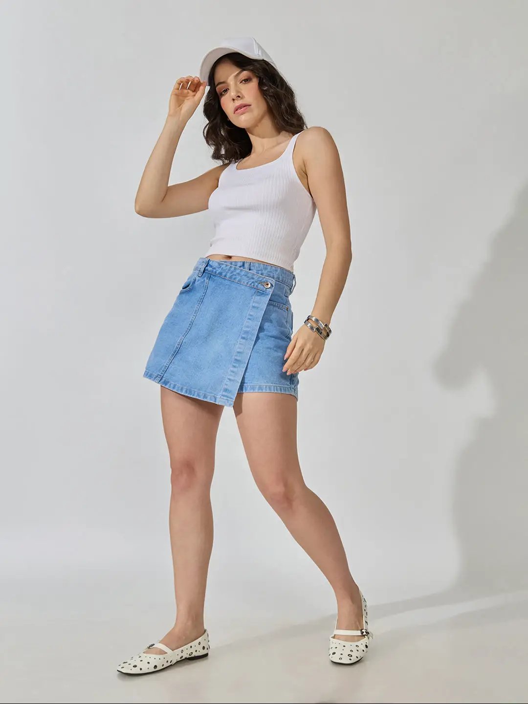 Women's Blue High-Rise Wrap Front Denim Mini Skort