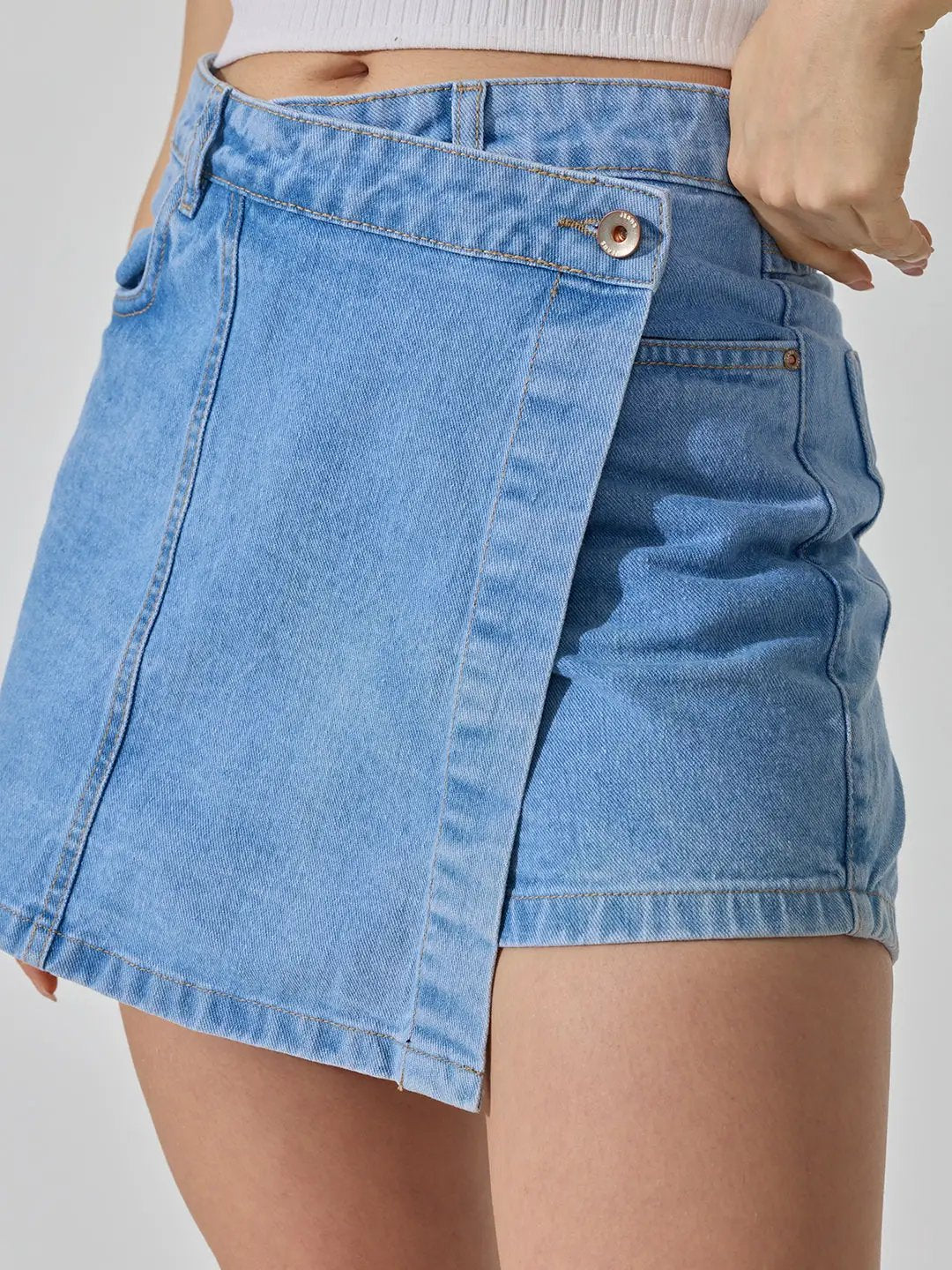 Women's Blue High-Rise Wrap Front Denim Mini Skort