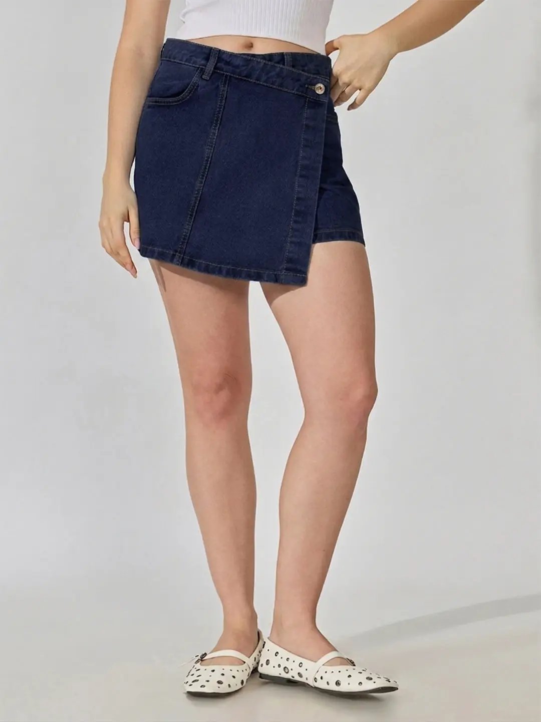 Women's Navyblue High-Rise Wrap Front Denim Mini Skort - from SHOWOFFFF