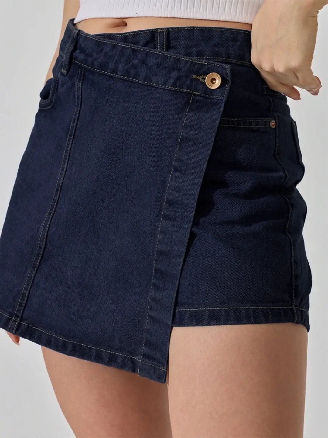 Women's Navyblue High-Rise Wrap Front Denim Mini Skort - from SHOWOFFFF
