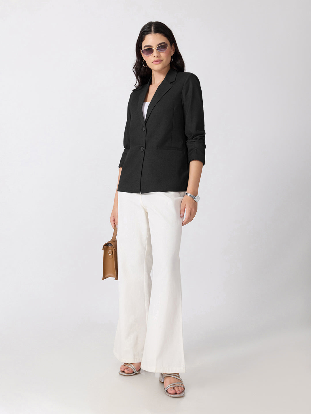 Women’s Black Tailored Fit Single-Breasted Blazer with Notched Lapel