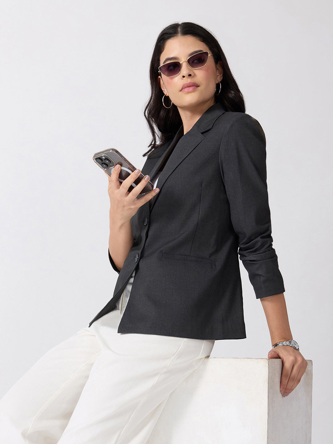 Women’s Grey Tailored Fit Single-Breasted Blazer with Notched Lapel