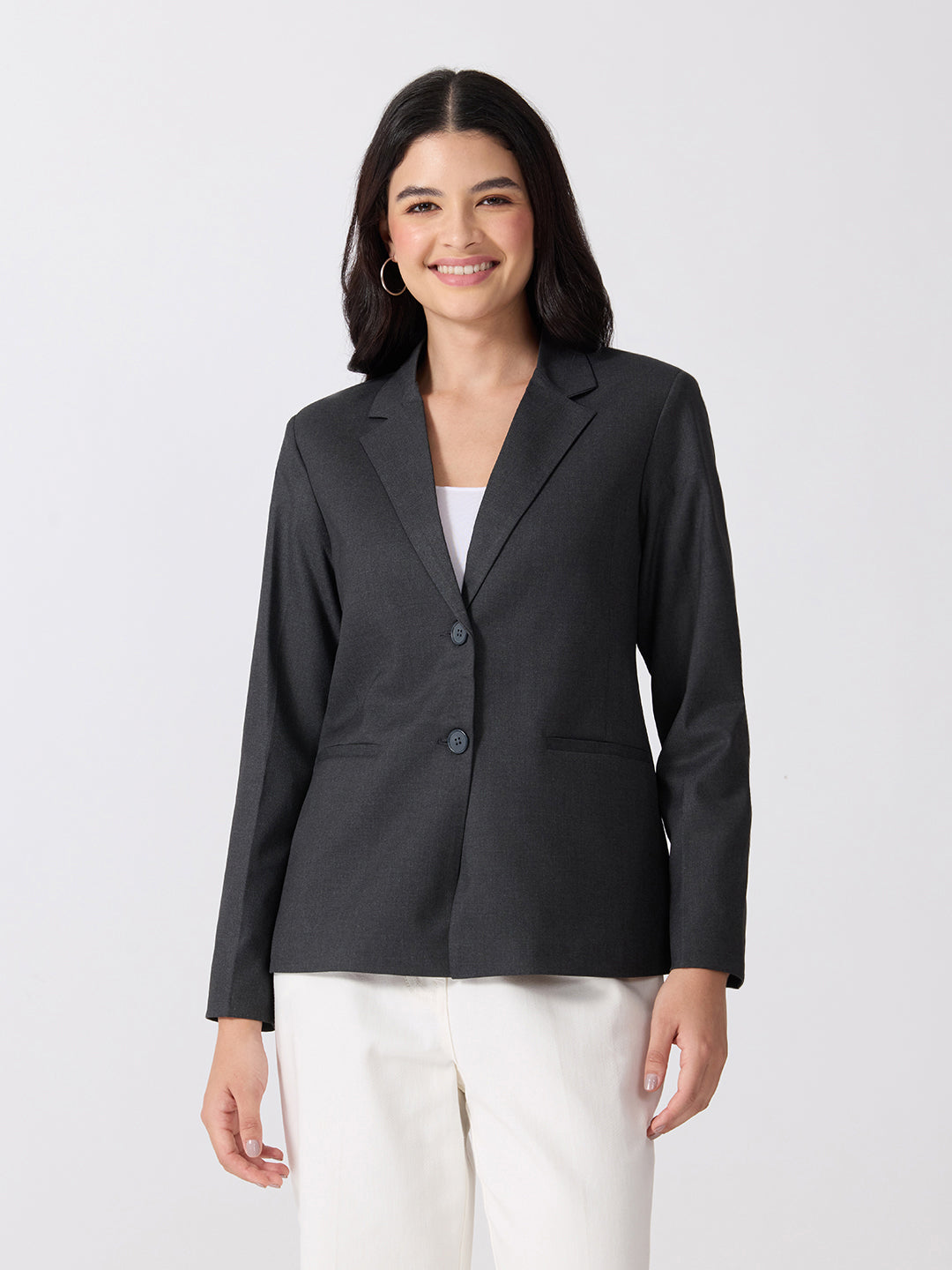 Women’s Grey Tailored Fit Single-Breasted Blazer with Notched Lapel