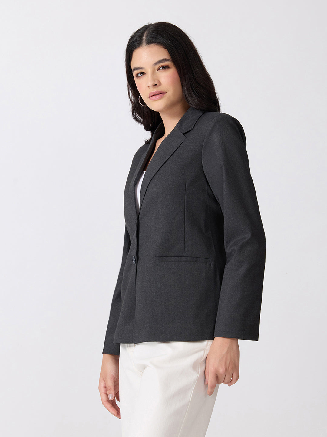 Women’s Grey Tailored Fit Single-Breasted Blazer with Notched Lapel