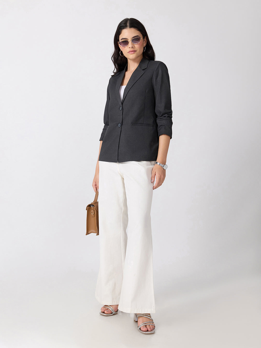 Women’s Grey Tailored Fit Single-Breasted Blazer with Notched Lapel