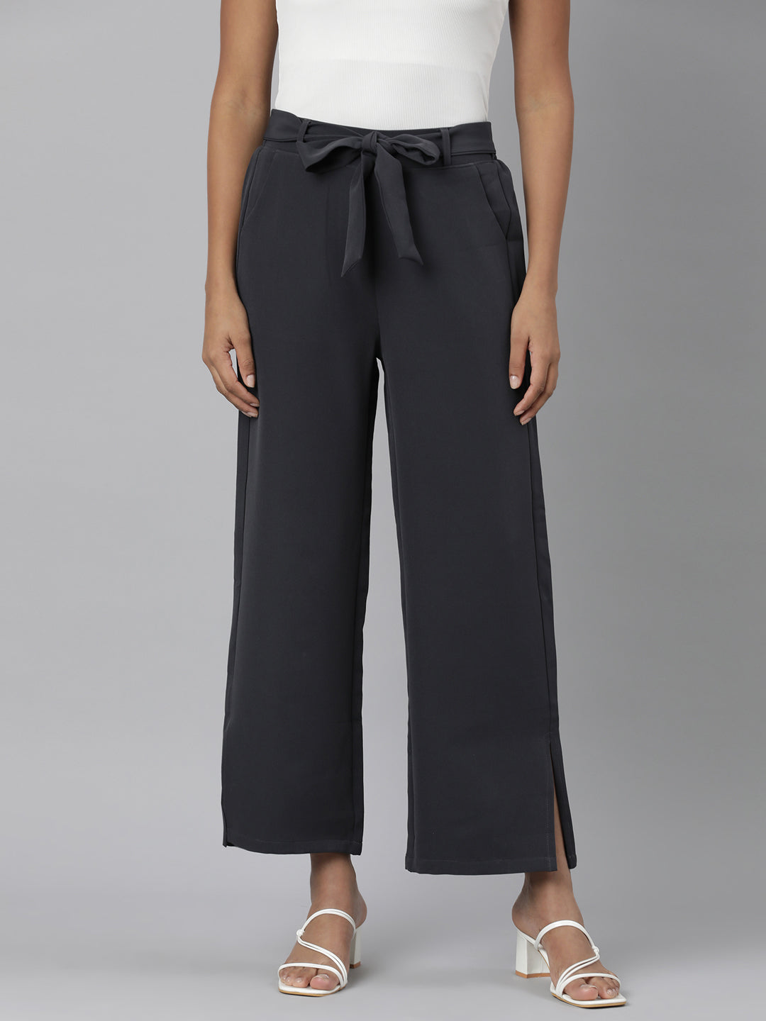 Women Grey Solid Parallel Trousers