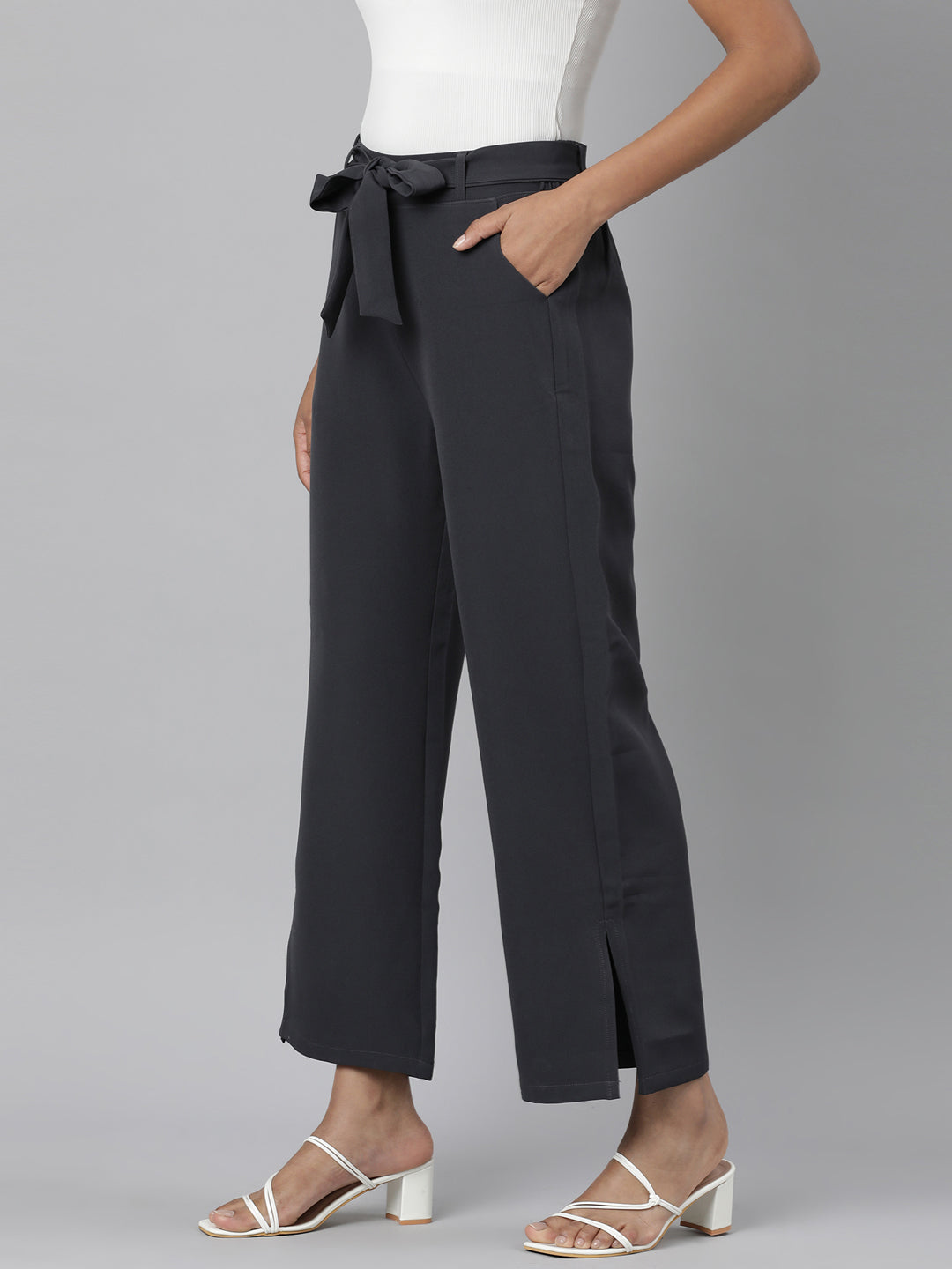 Women Grey Solid Parallel Trousers