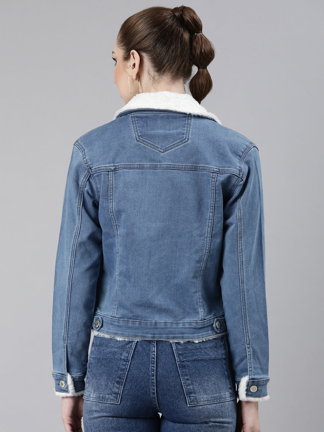 Women's Blue Spread Collar Faux Fur Trim Crop Denim Jacket