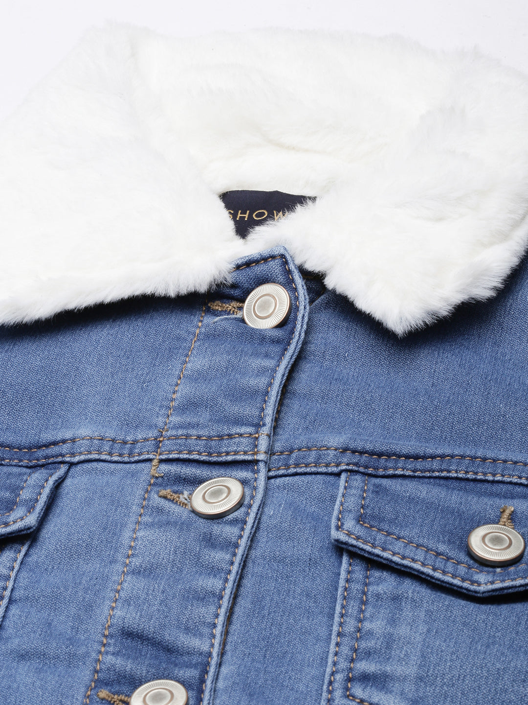 Women's Blue Spread Collar Faux Fur Trim Crop Denim Jacket
