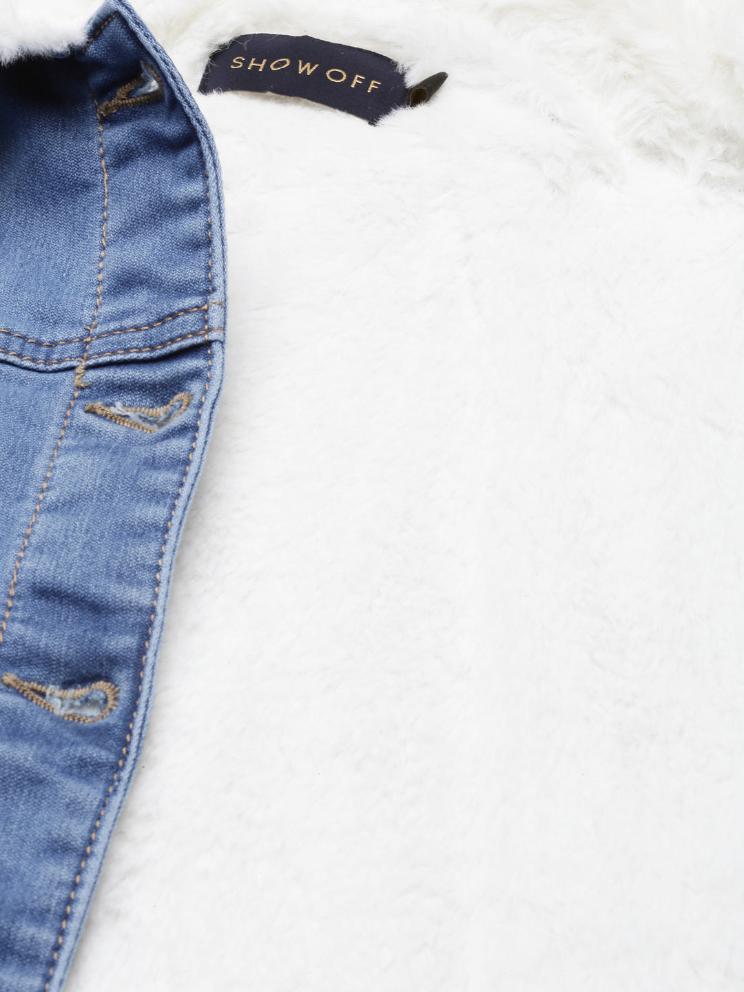 Women's Blue Spread Collar Faux Fur Trim Crop Denim Jacket