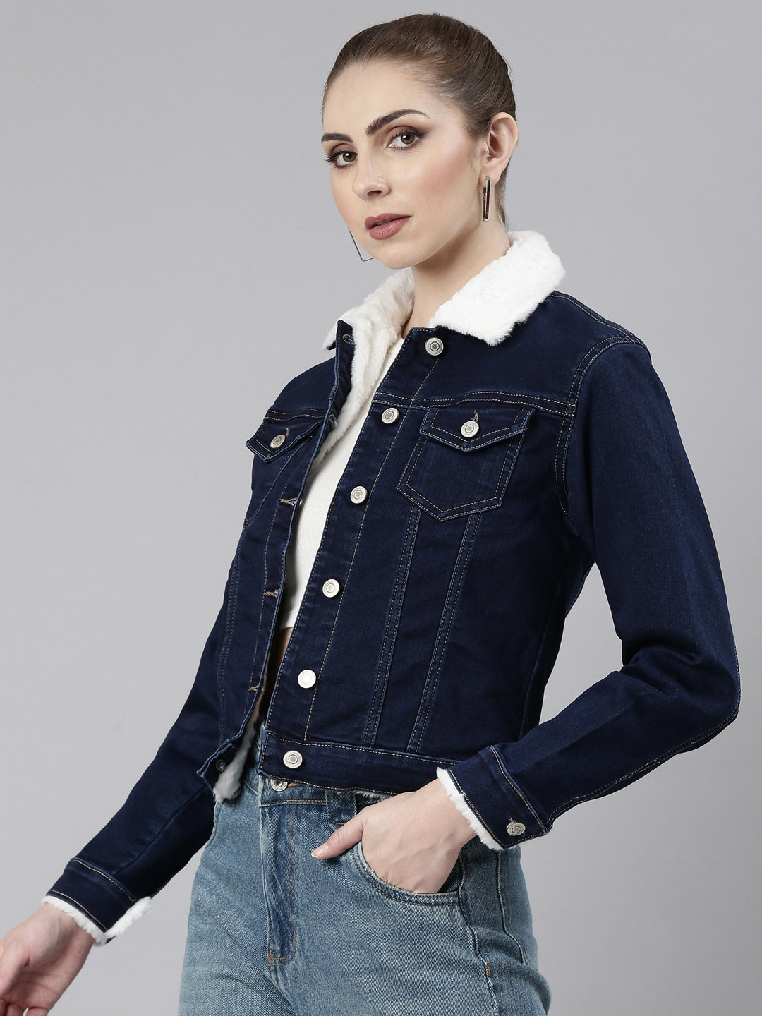 Women's Navy Blue Crop Denim Jacket With Faux Fur