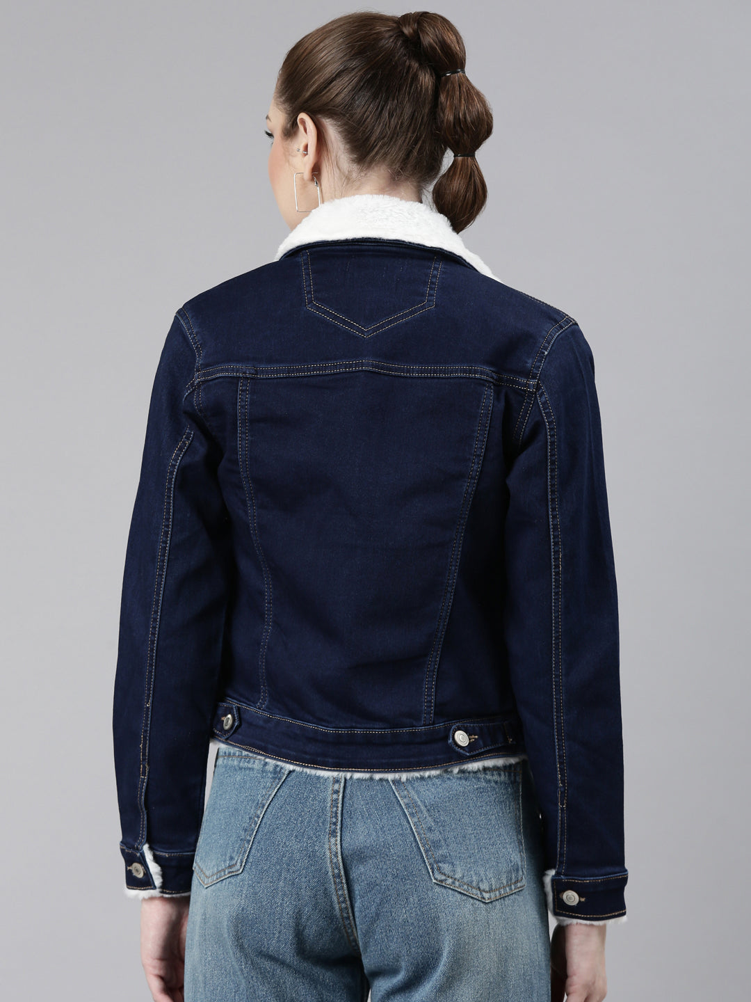 Women's Navy Blue Crop Denim Jacket With Faux Fur