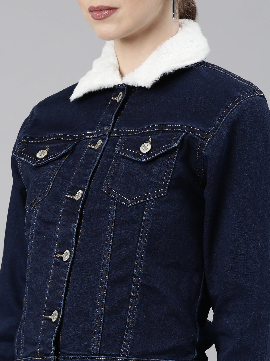 Women's Navy Blue Crop Denim Jacket With Faux Fur