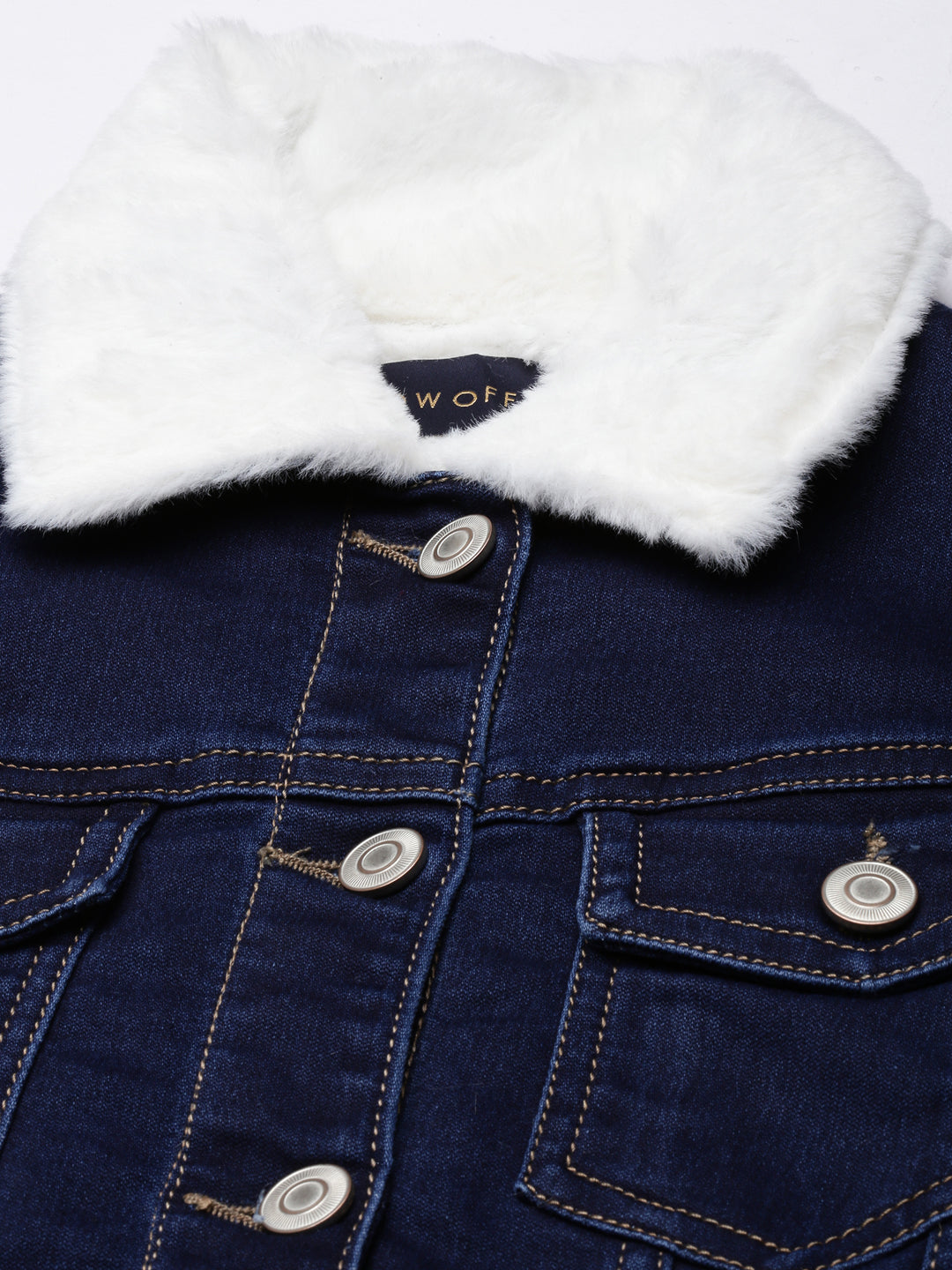 Women's Navy Blue Crop Denim Jacket With Faux Fur