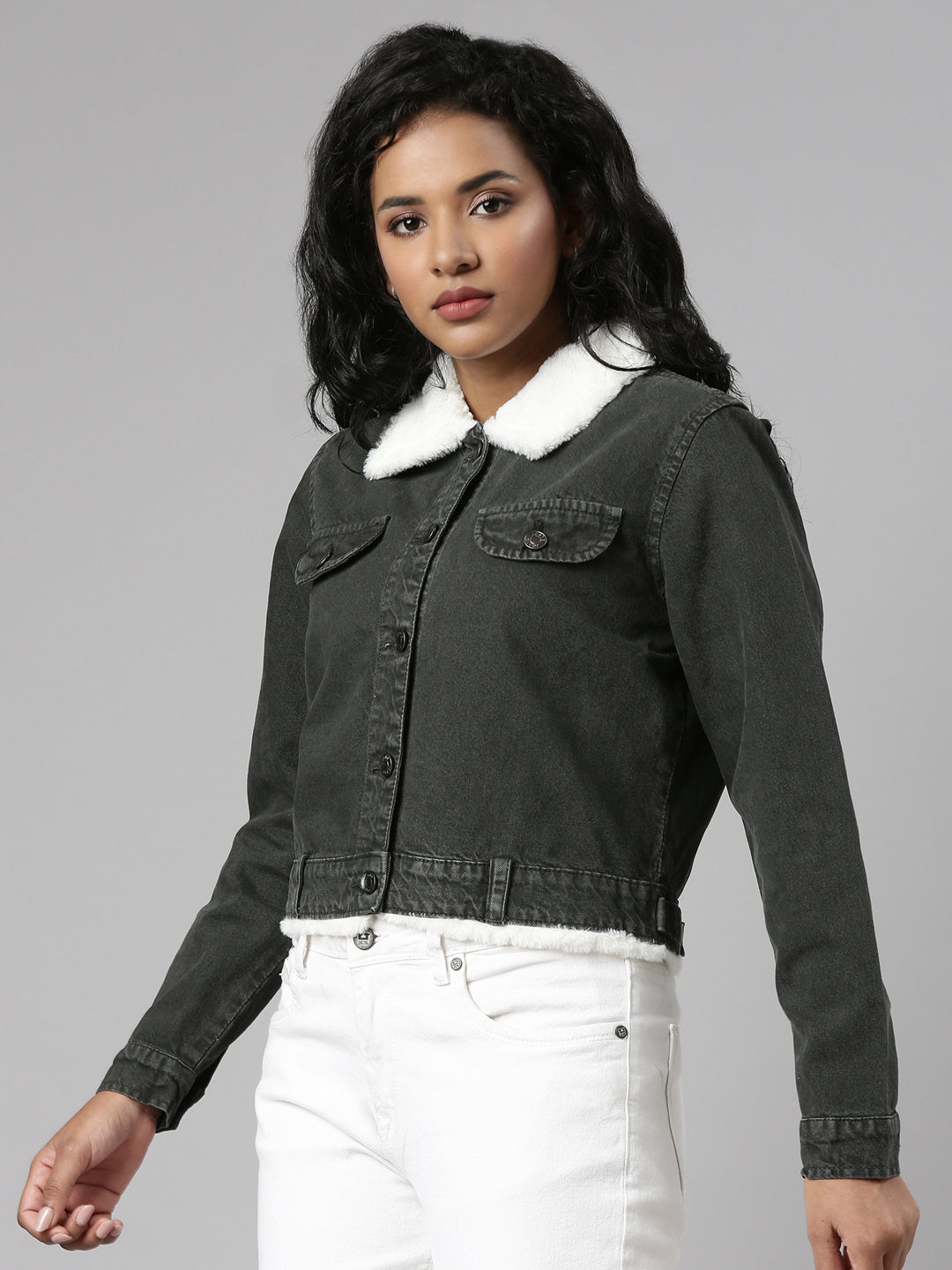 Women Olive Solid Denim Jacket