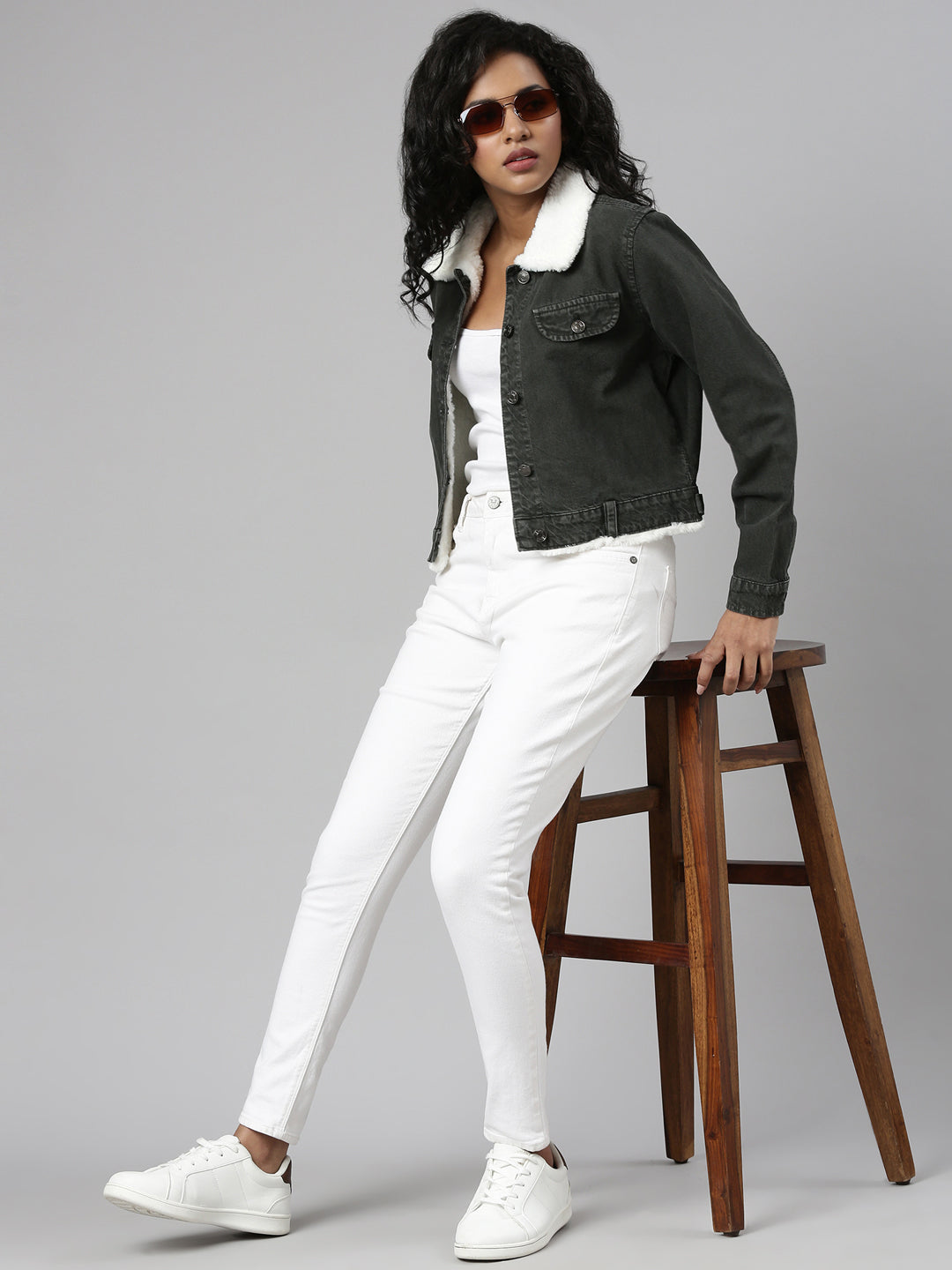 Women Olive Solid Denim Jacket