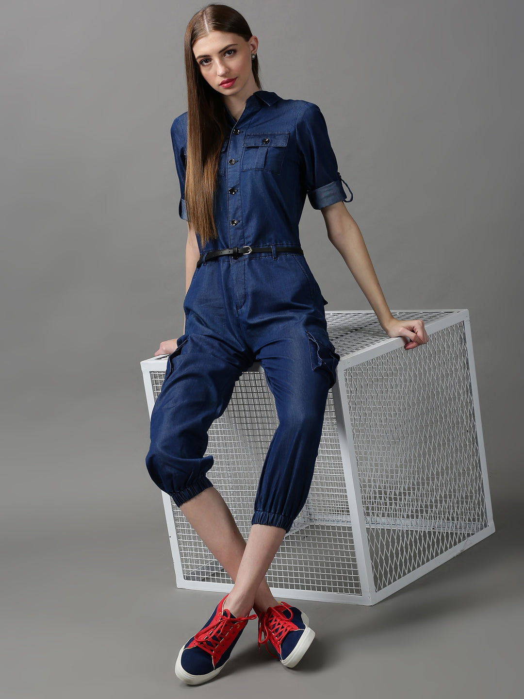 Women Shirt Collar Solid Navy Blue Basic Jumpsuit