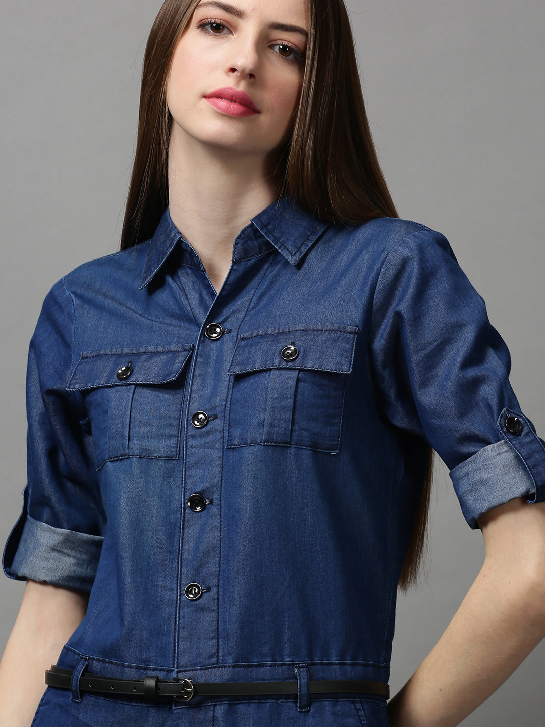 Women Shirt Collar Solid Navy Blue Basic Jumpsuit