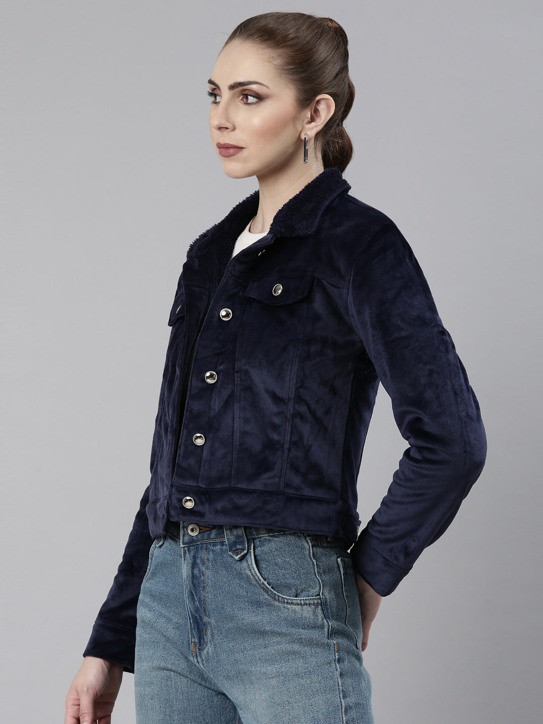 Women Navy Blue Solid Tailored Jacket