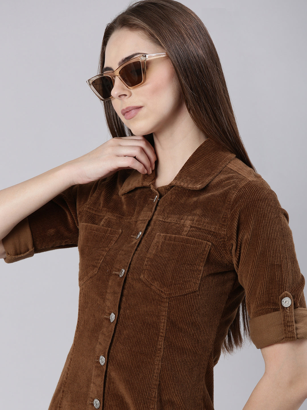 Women Khaki Solid Shirt Dress