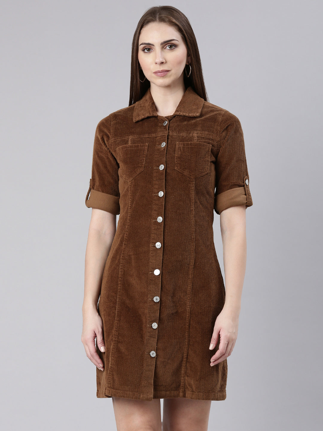 Women Khaki Solid Shirt Dress