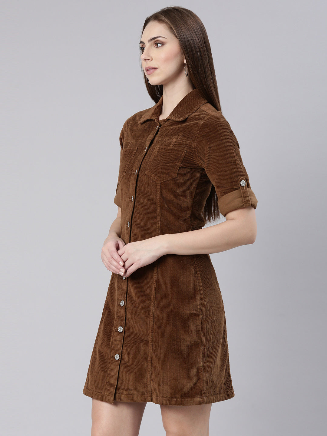 Women Khaki Solid Shirt Dress