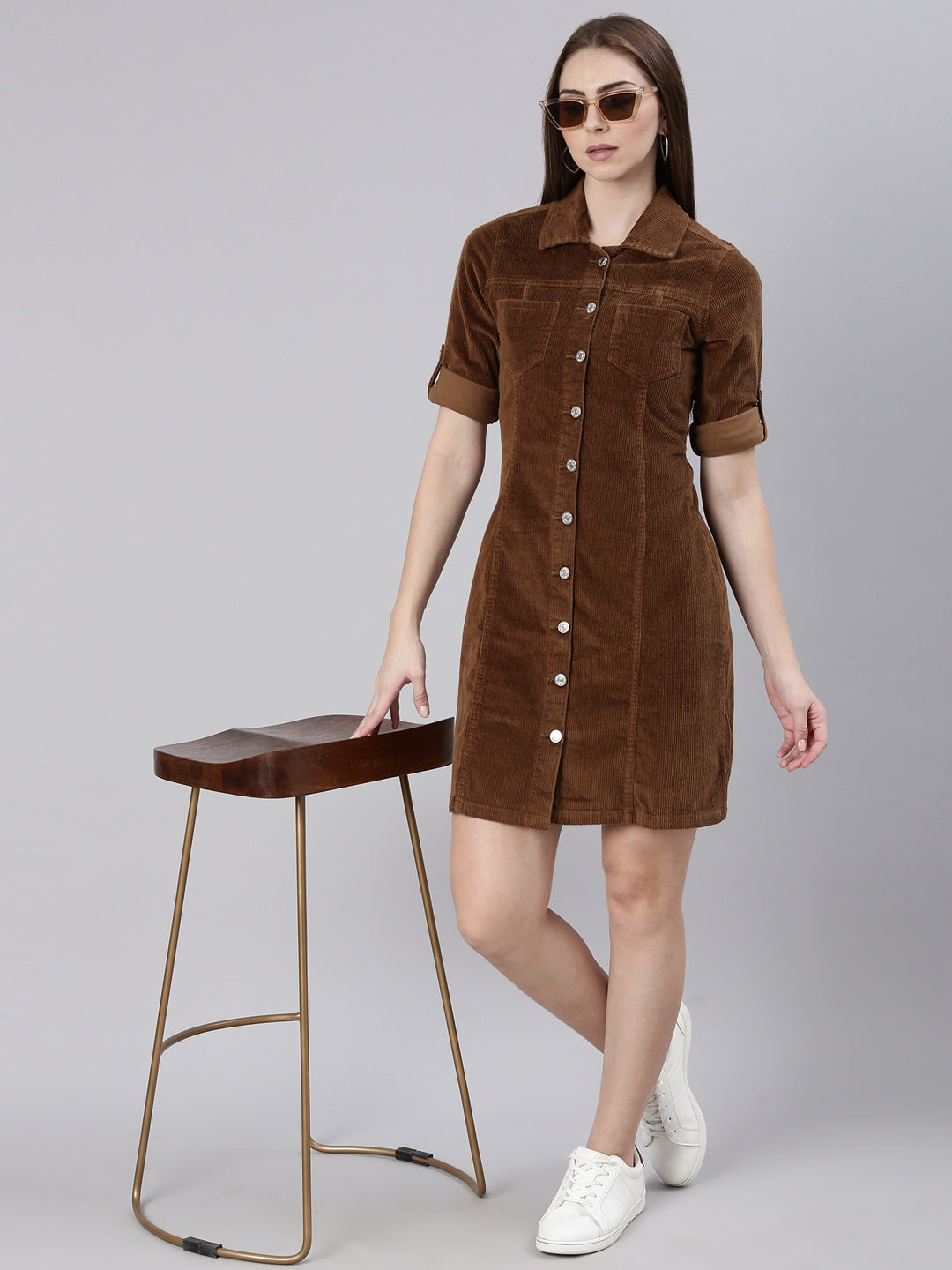 Women Khaki Solid Shirt Dress