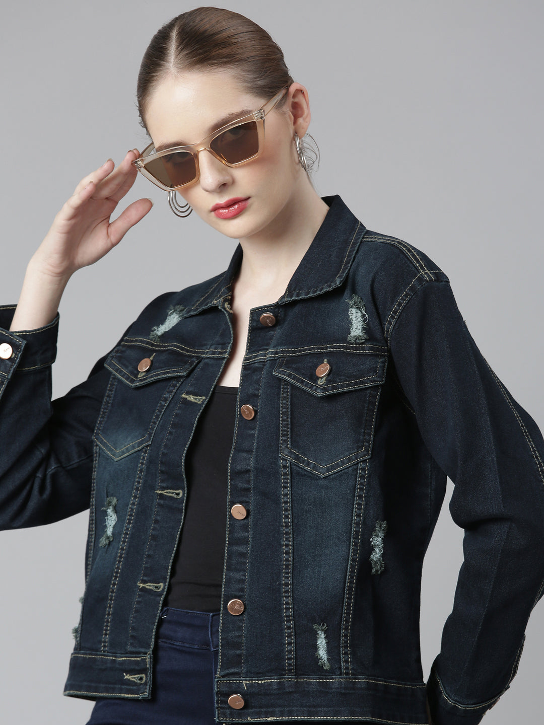 Women Navy Blue Solid Denim Jacket