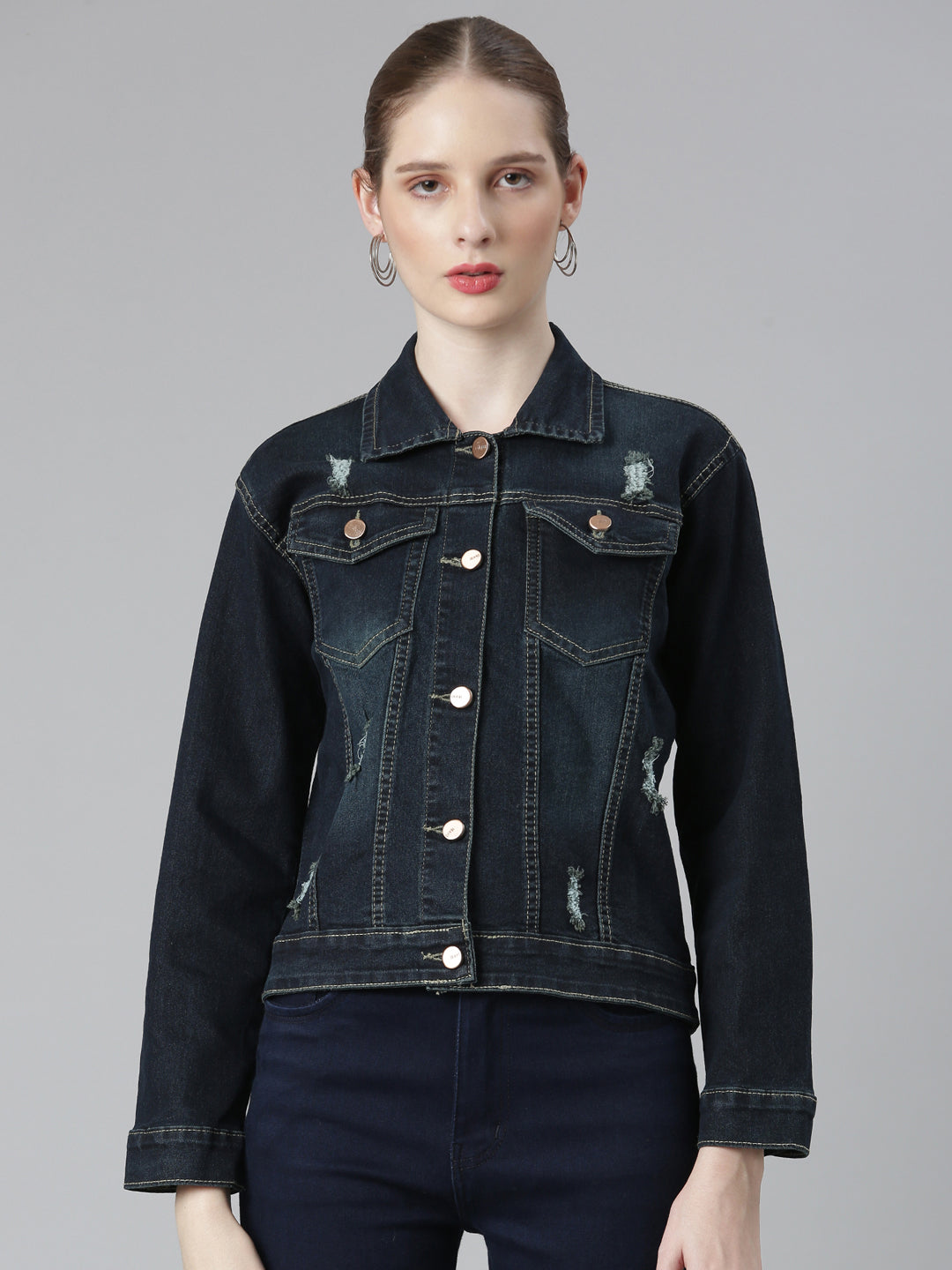 Women Navy Blue Solid Denim Jacket