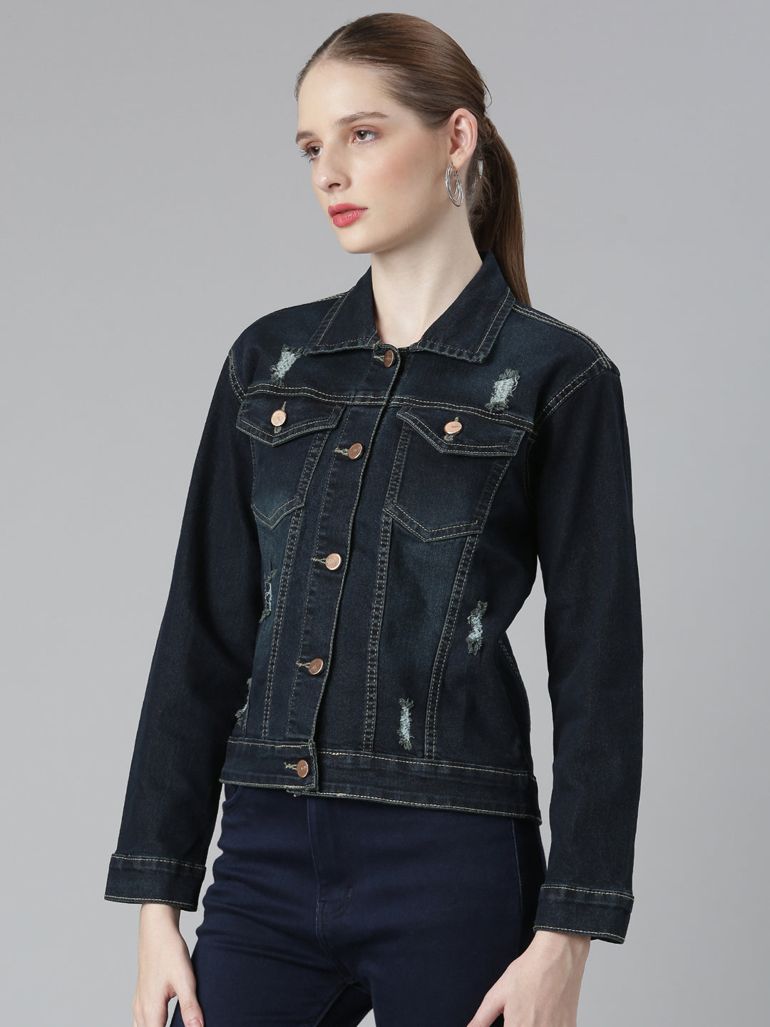 Women Navy Blue Solid Denim Jacket