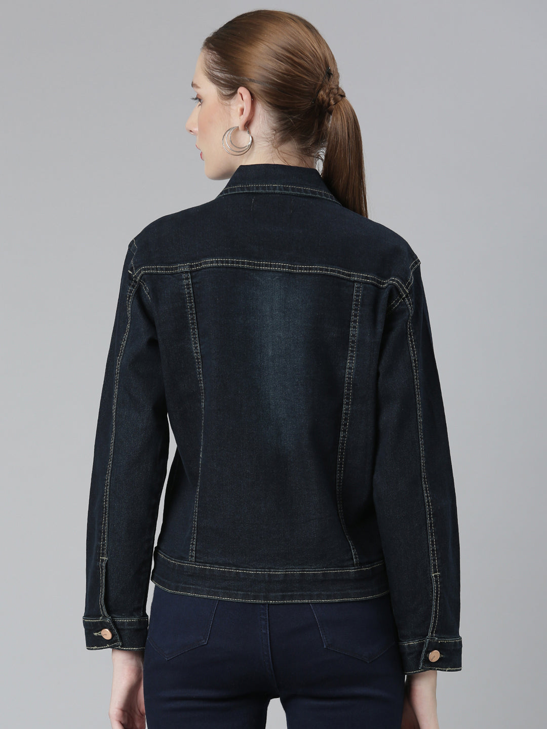 Women Navy Blue Solid Denim Jacket