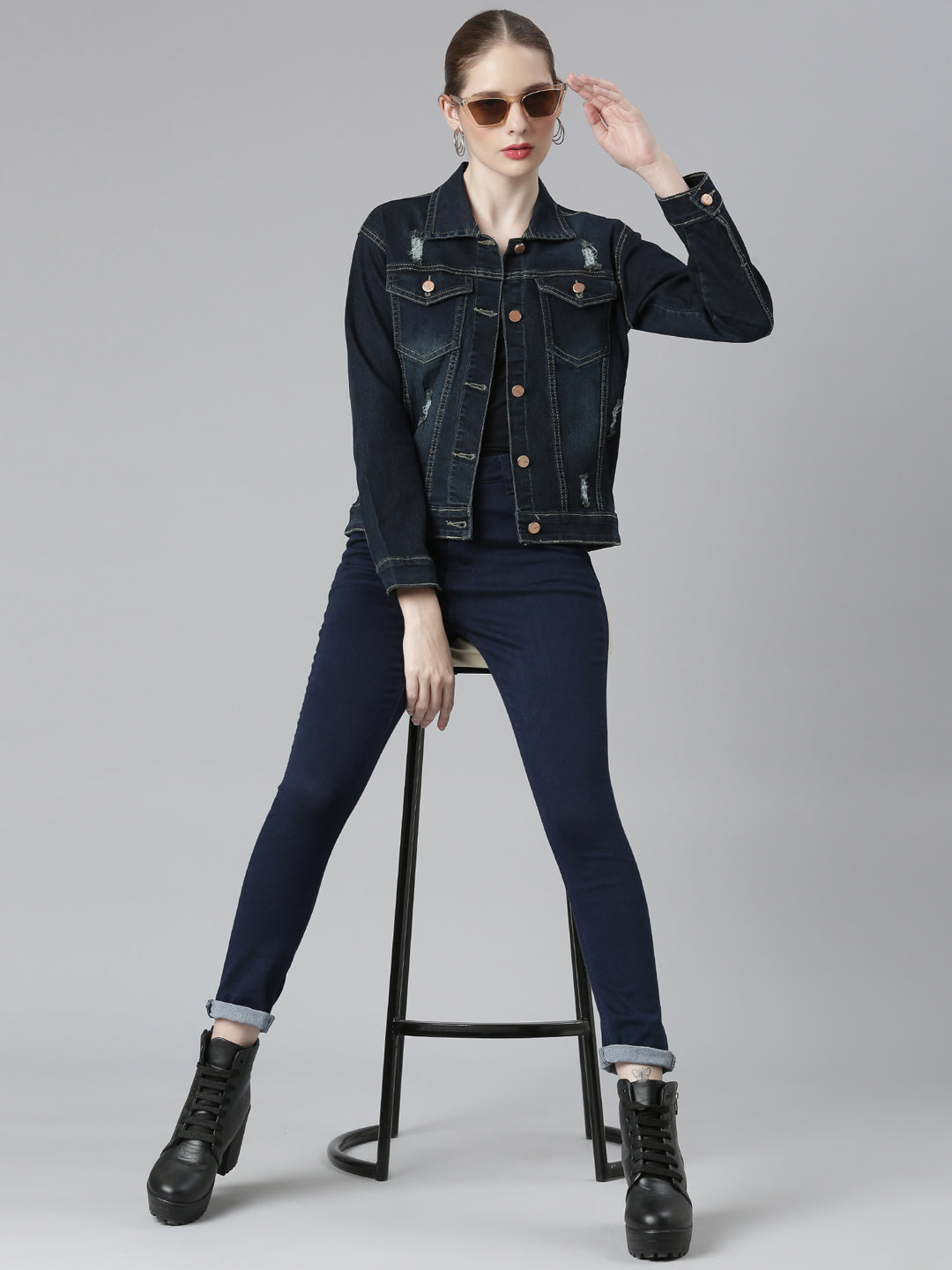 Women Navy Blue Solid Denim Jacket