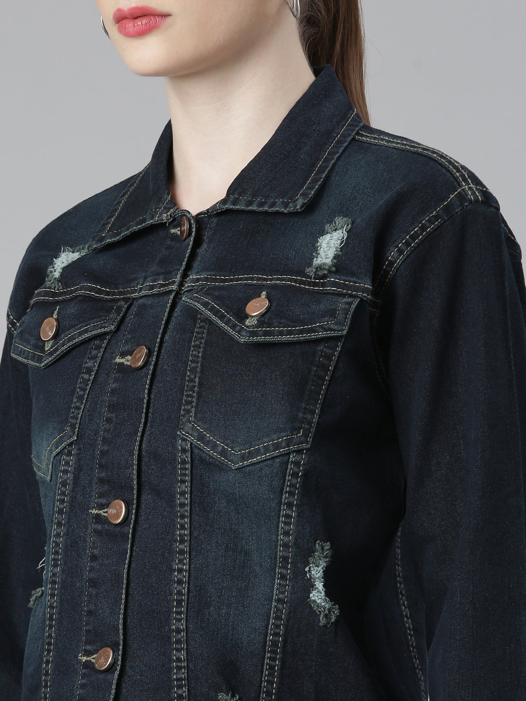 Women Navy Blue Solid Denim Jacket