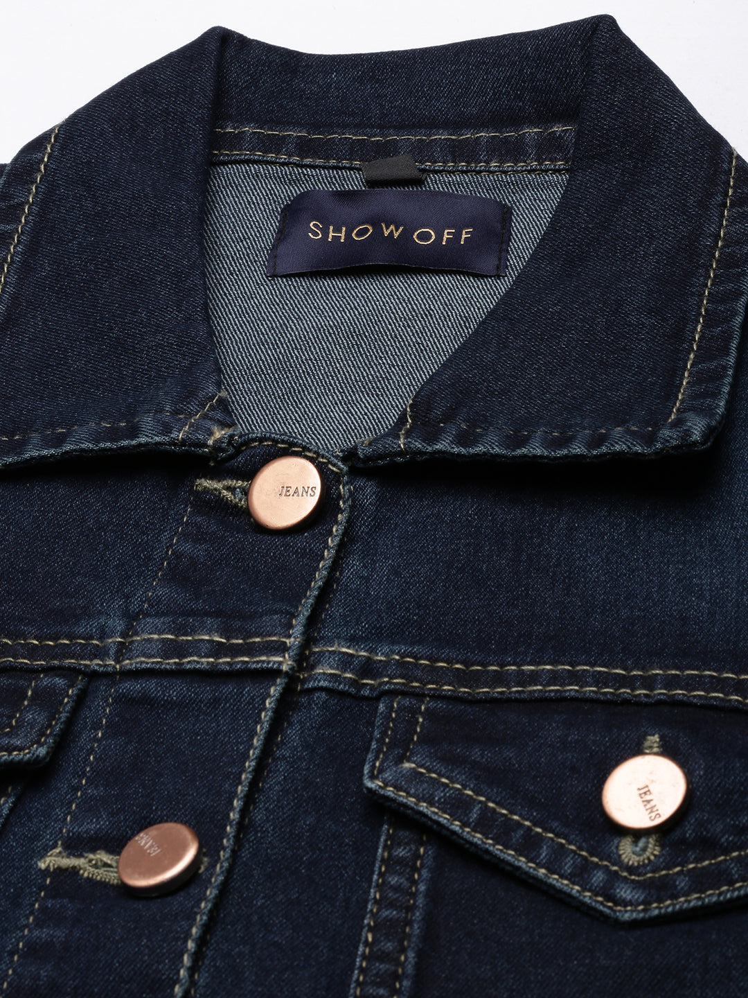 Women Navy Blue Solid Denim Jacket