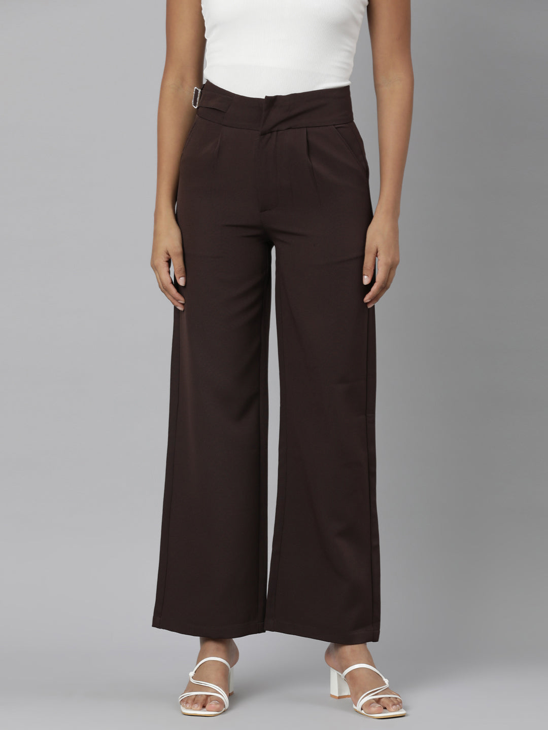 Women Brown Solid Parallel Trousers