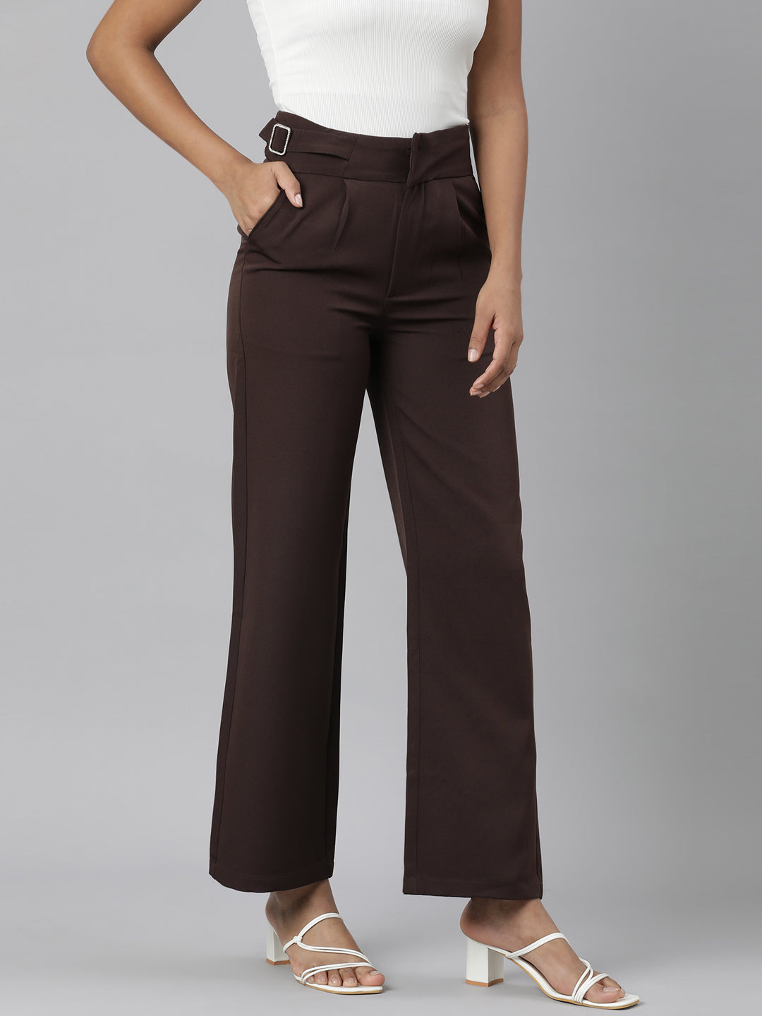 Women Brown Solid Parallel Trousers