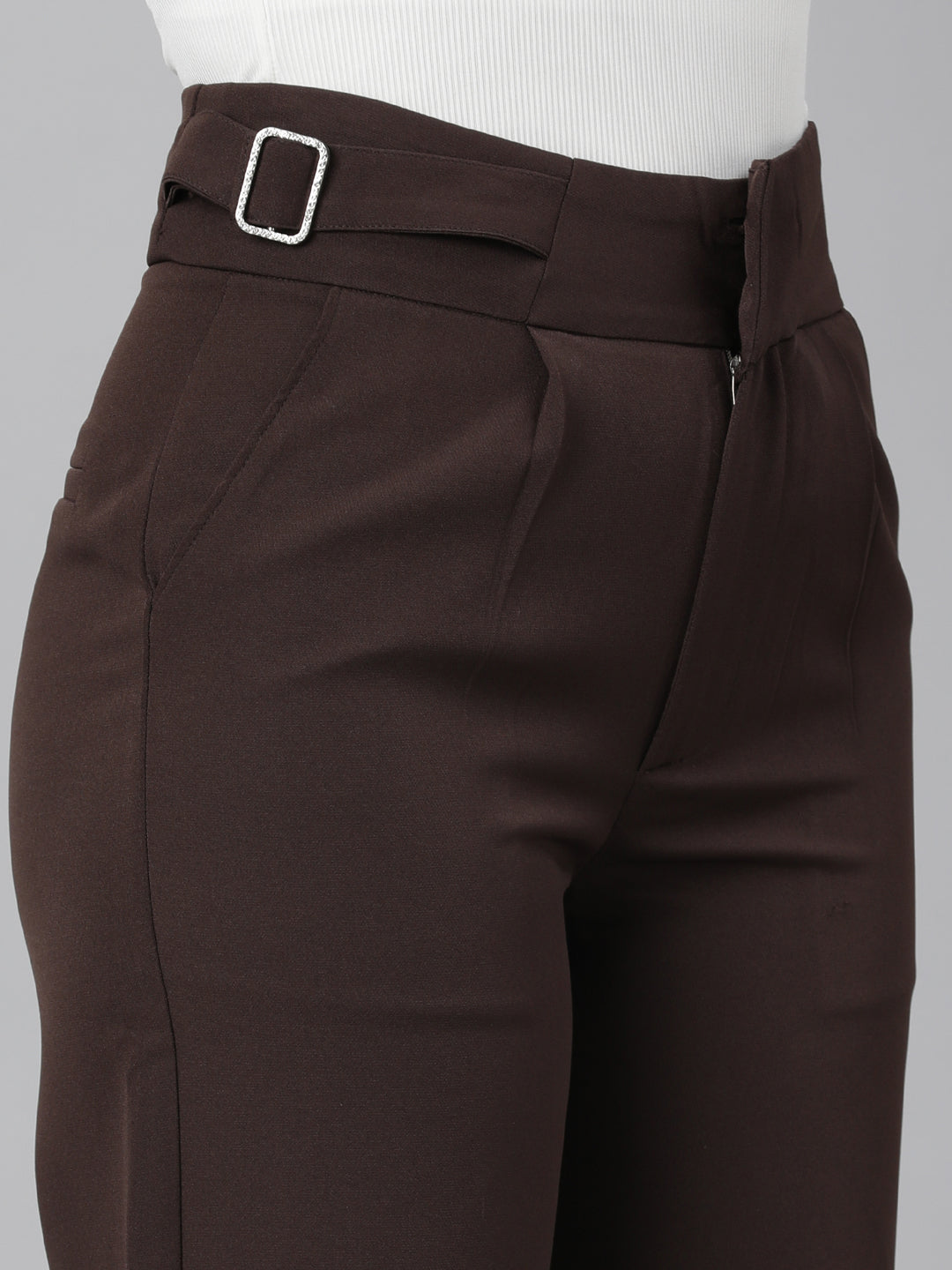 Women Brown Solid Parallel Trousers