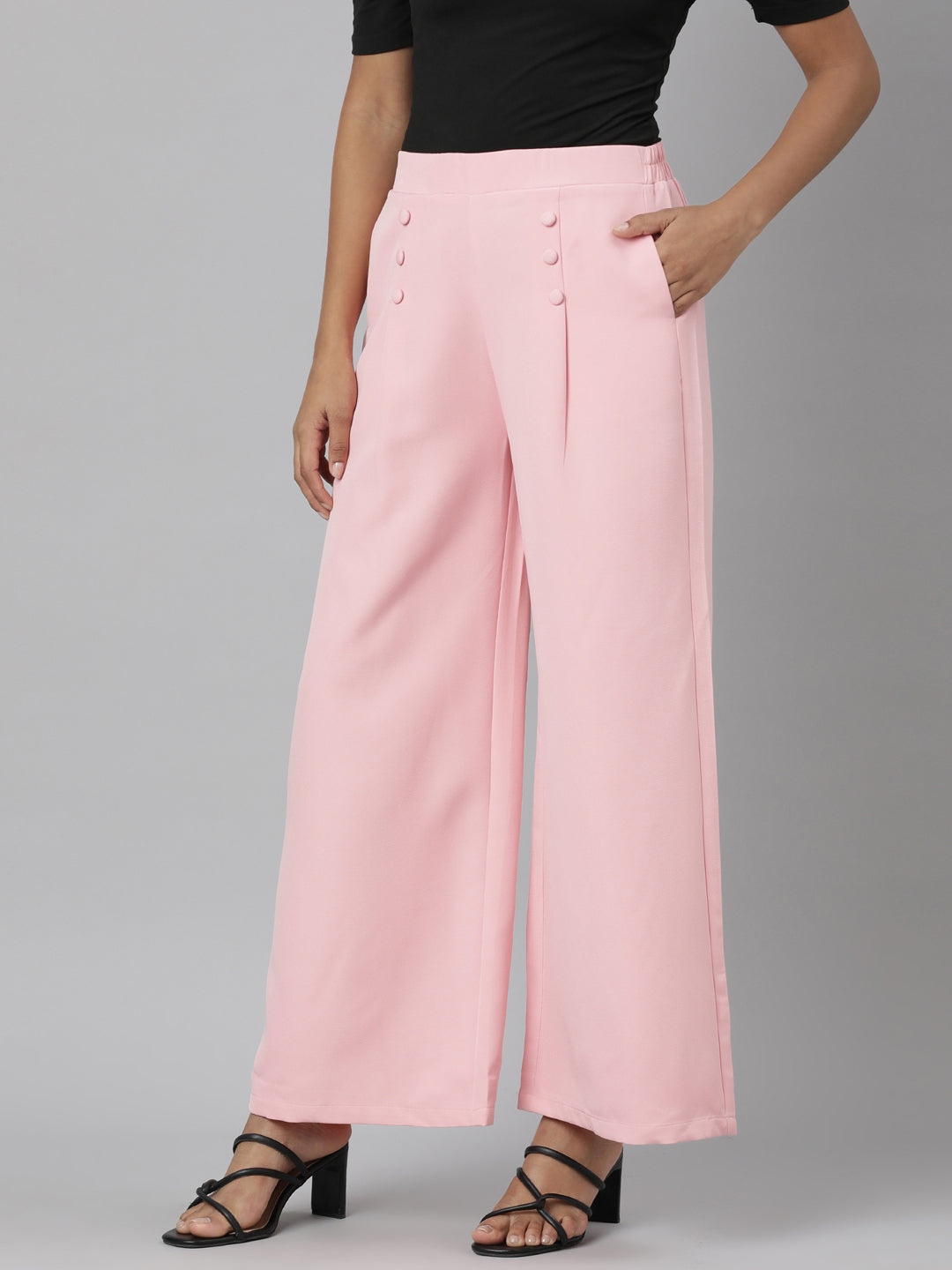 Women Pink Solid Parallel Trousers