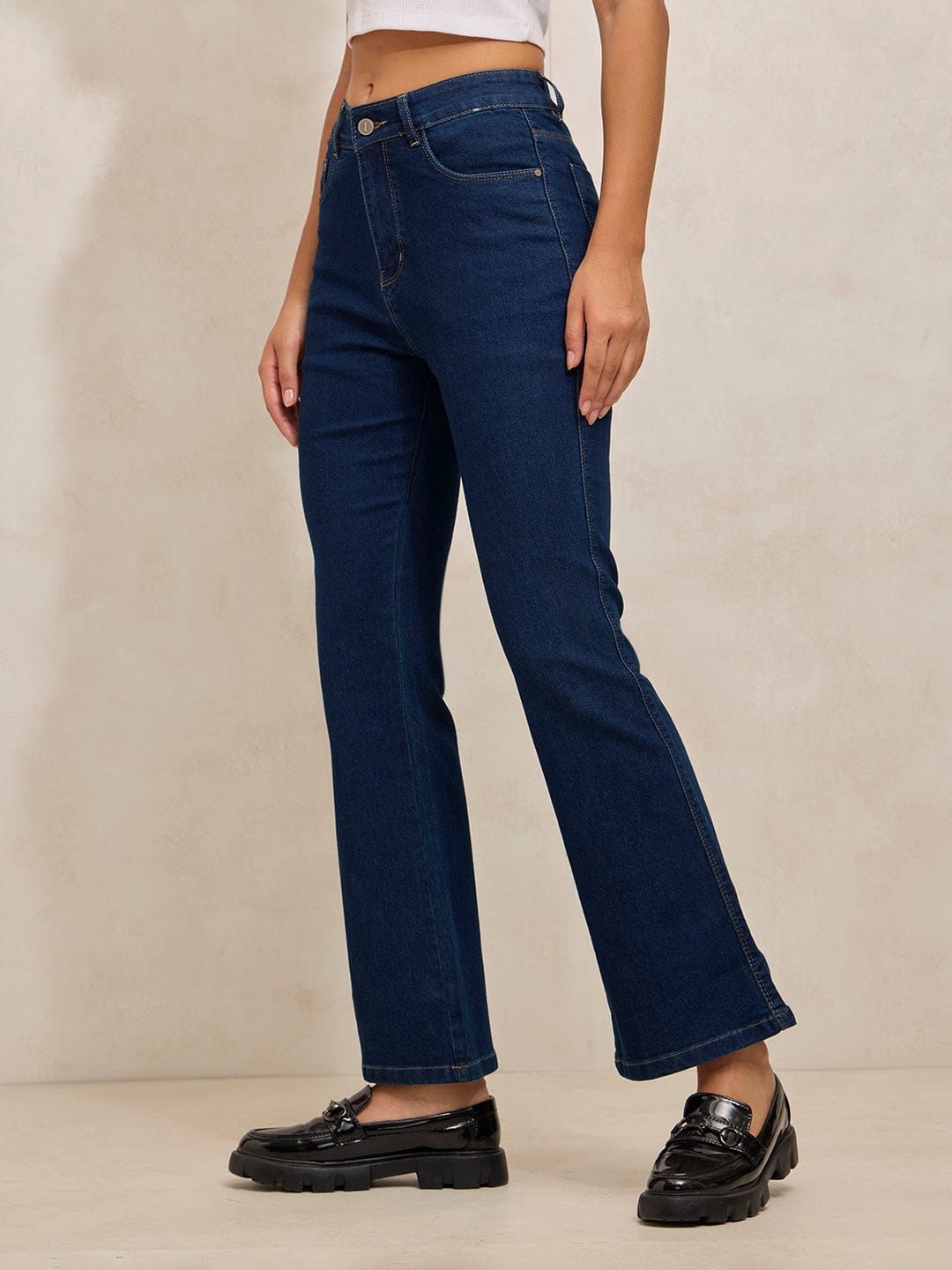 Women's Navy Blue Denim Mini Flare Jeans