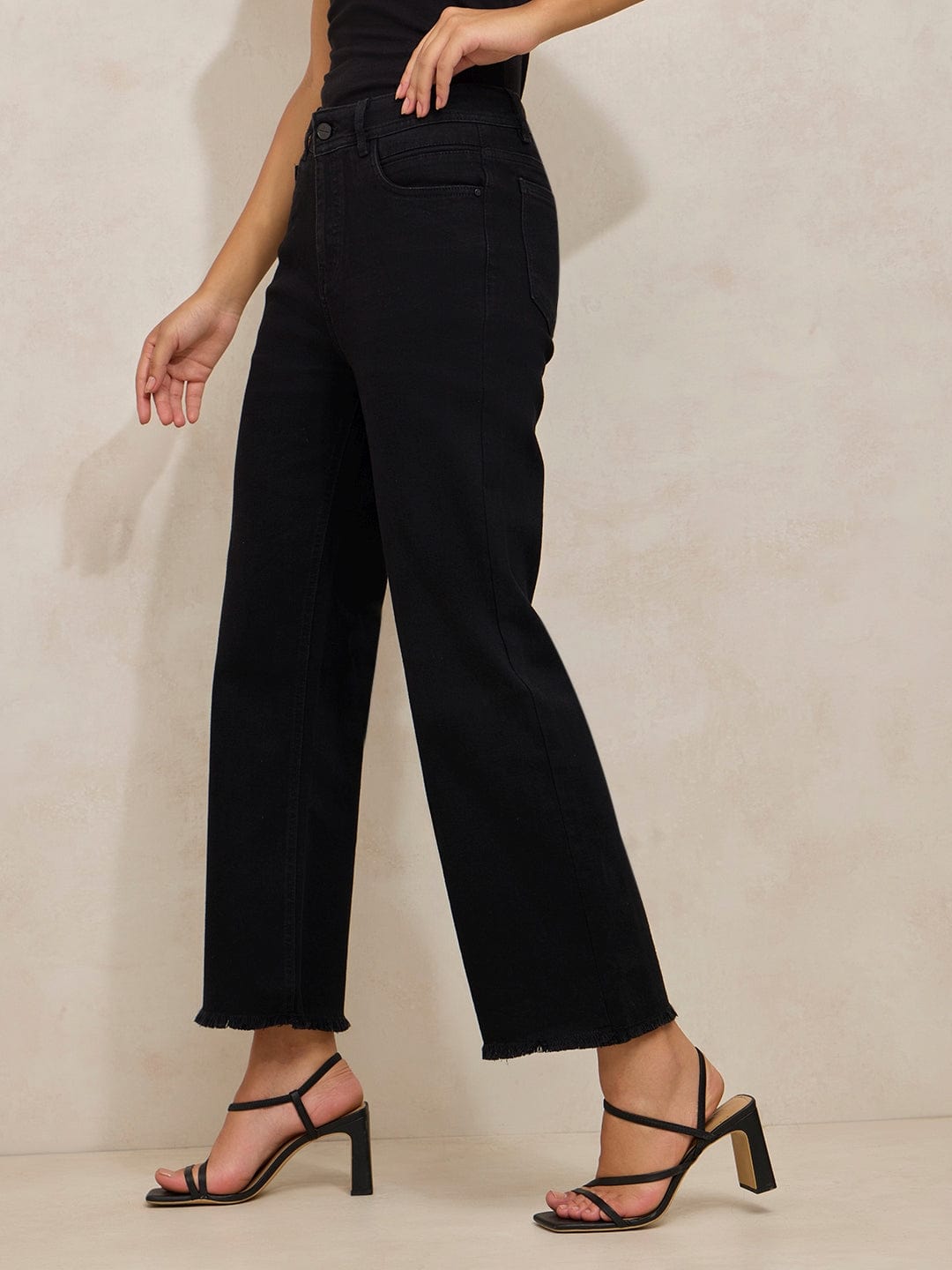 Women's Black Denim Mini Flare Jeans with Frayed Hem