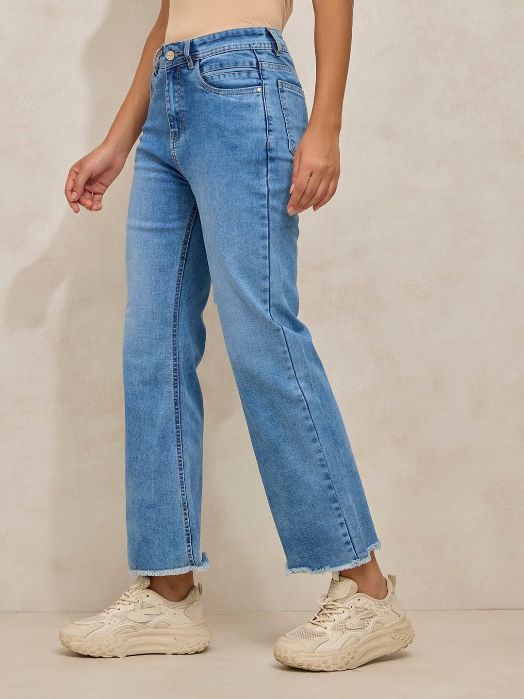 Women's Blue Denim Mini Flare Jeans with Frayed Hem