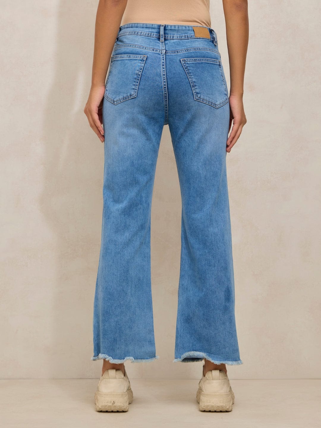 Women's Blue Denim Mini Flare Jeans with Frayed Hem