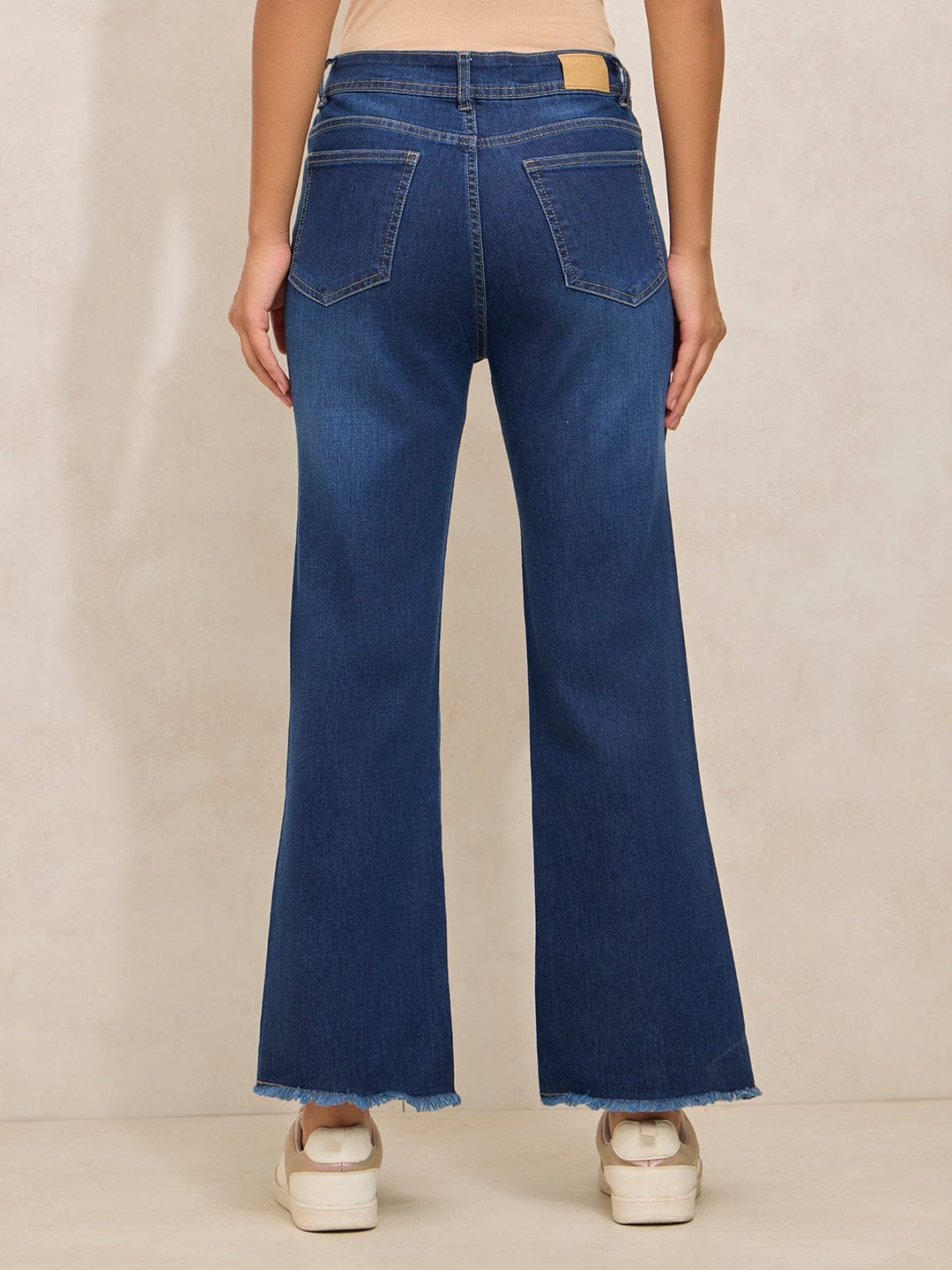 Women's Navy Blue Denim High Rise Mini Flare Jeans with Frayed Hem