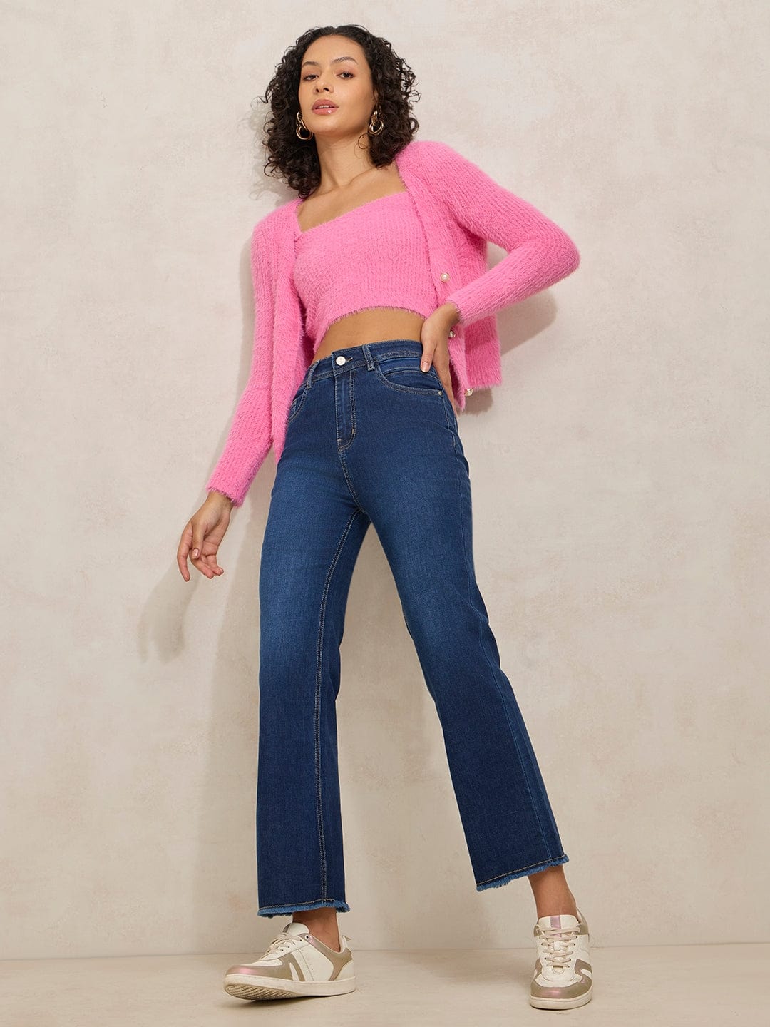 Women's Navy Blue Denim High Rise Mini Flare Jeans with Frayed Hem