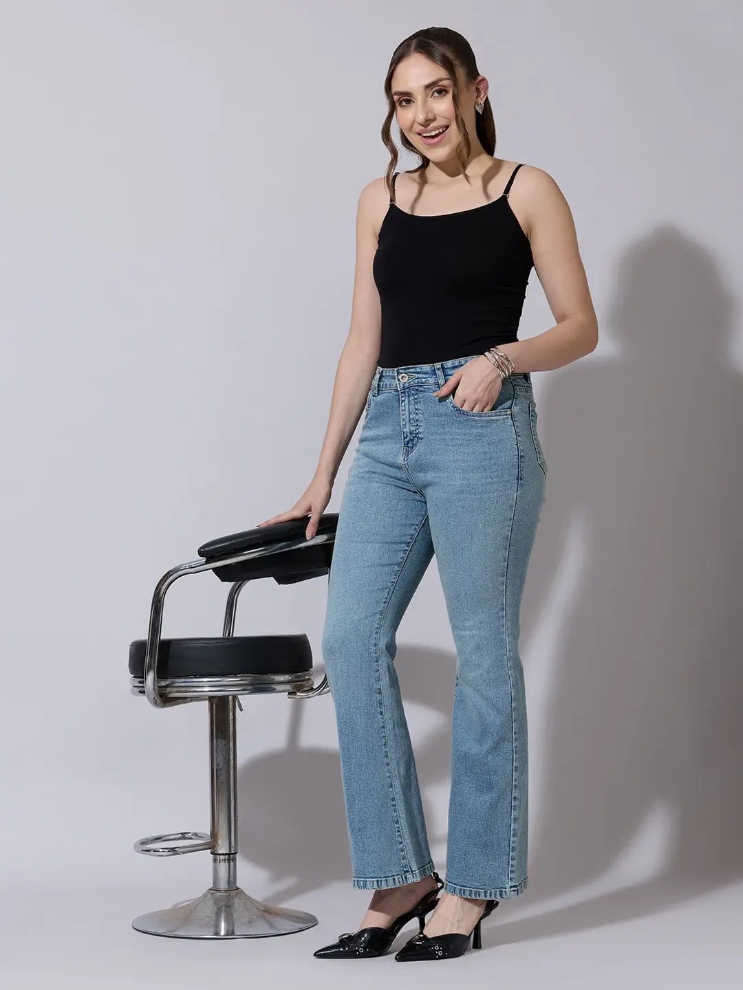Women's Washed Blue High Waisted Flared Jeans - from SHOWOFFFF