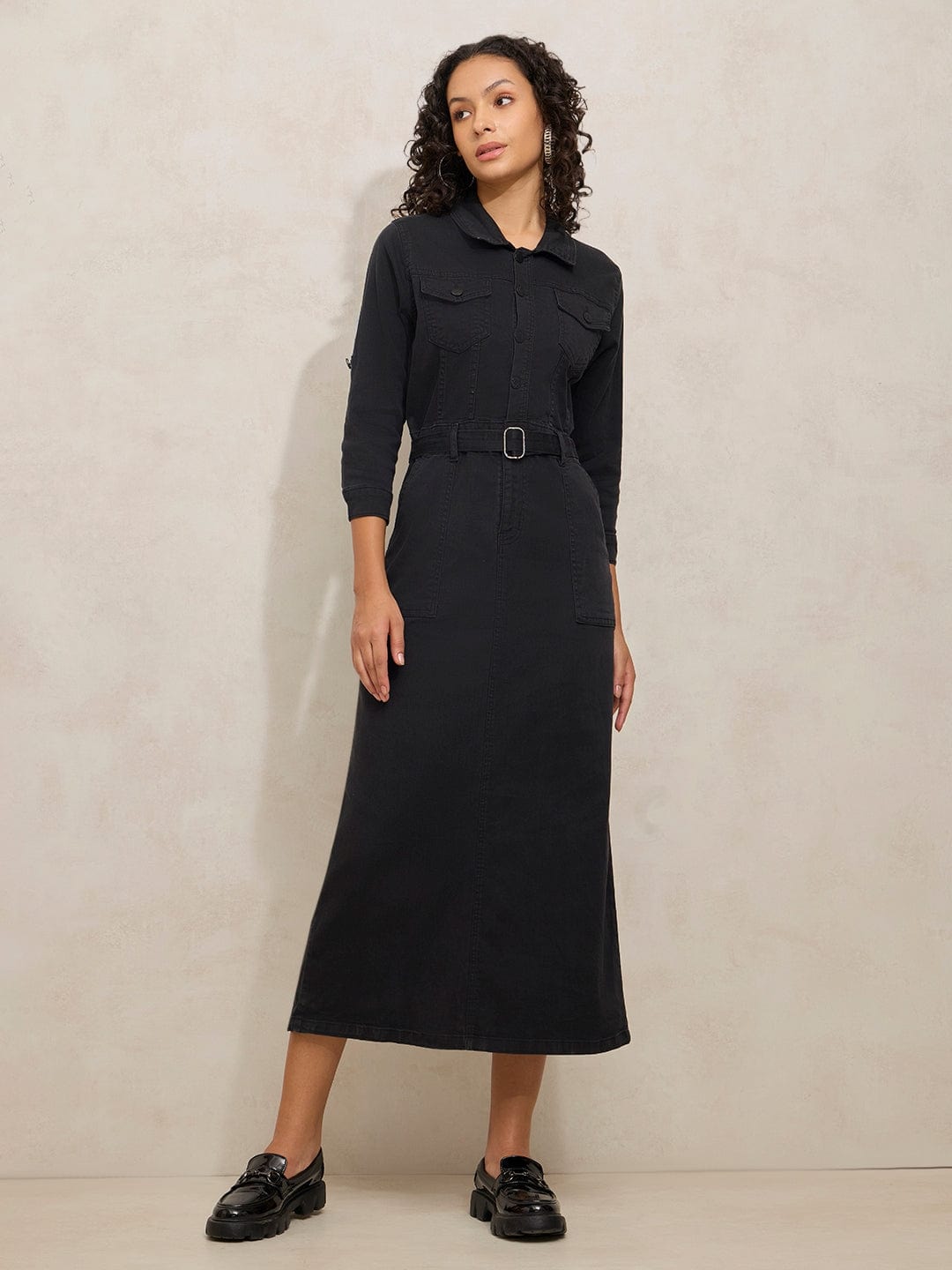 Women's Black Denim Shirt Style Midi Dress with Belt