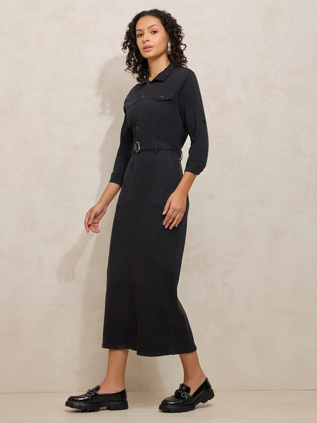 Women's Black Denim Shirt Style Midi Dress with Belt